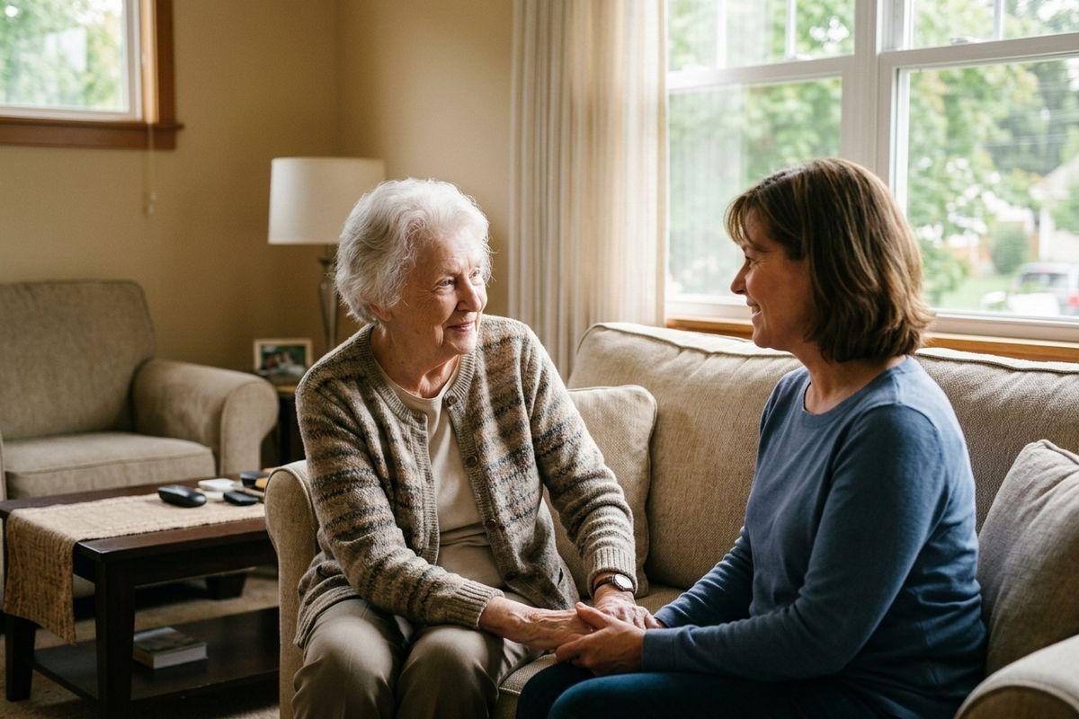 A senior and younger adult sit on a couch holding hands and smiling at each other in a living room.