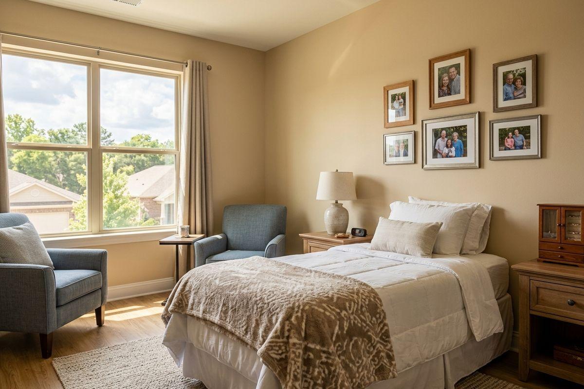The bedroom comprises a made bed, blue armchairs by a large window, wooden nightstands, a lamp, and framed family photos on the wall.
