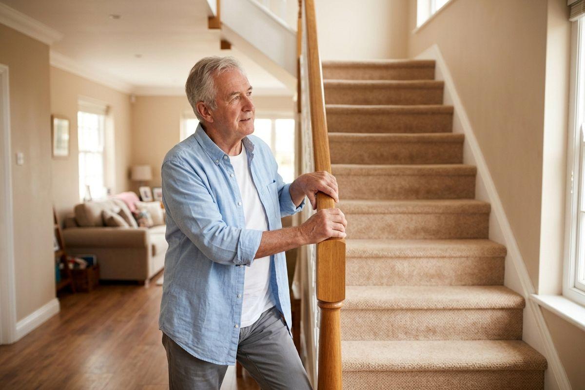 A senior holds on to a wooden banister at the bottom of carpeted stairs at home, looking away.
