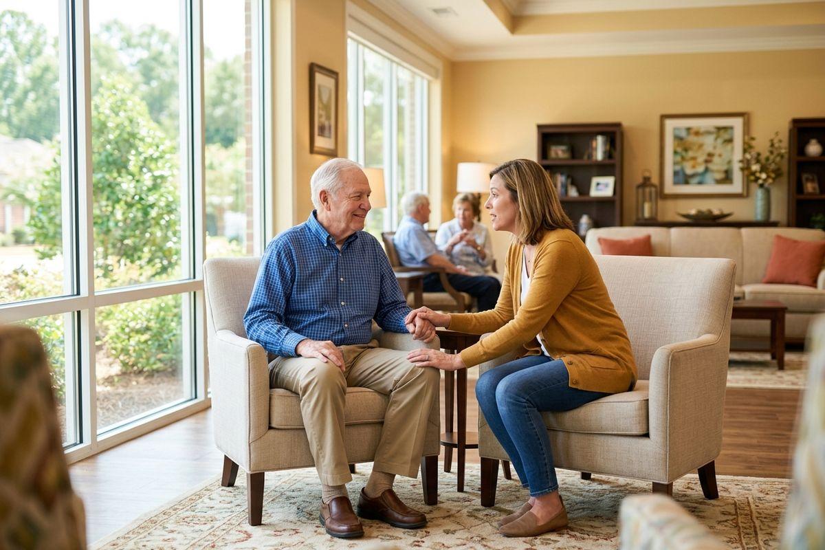 A senior and a woman hold hands and talk, smiling, in a bright living room with others seated behind.