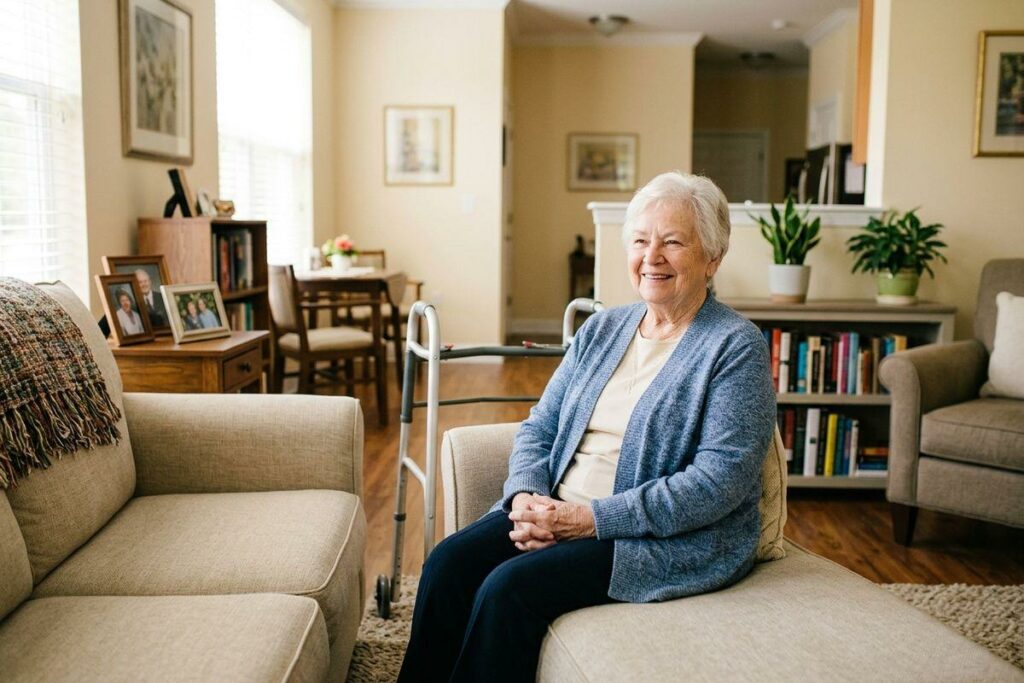 A senior smiles as she sits on a sofa in a living room with a walker, bookshelf, and framed photos nearby.