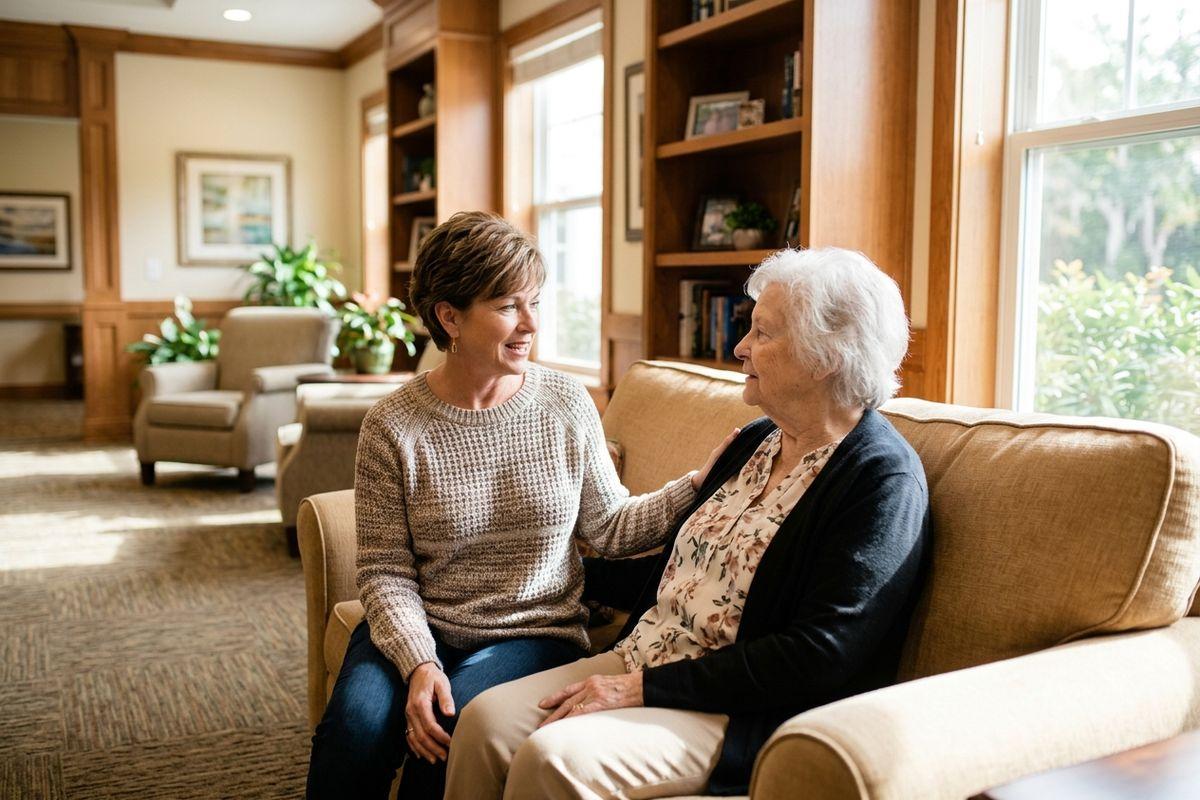 A woman places her hand on a senior's shoulder, both smiling and talking on a sofa in a bright sitting room.